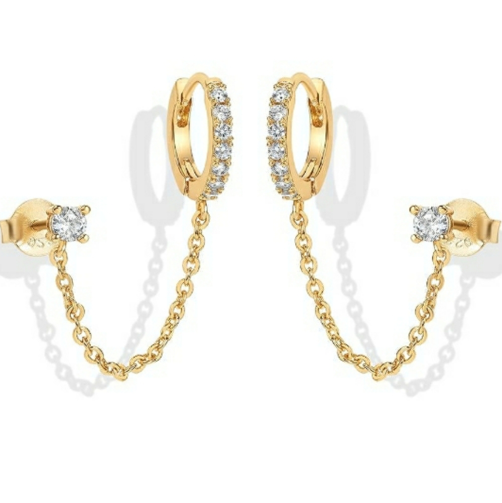 14K Gold Chain Double Piercing Dangle Huggie Hoop Pearl Stud Ear Cuff Earrings